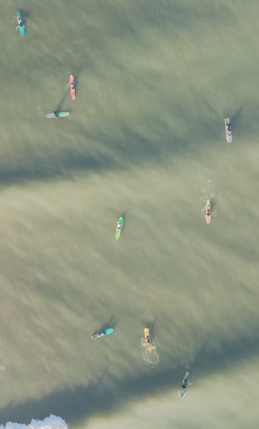 Vue zénithale de surfeurs au line-up